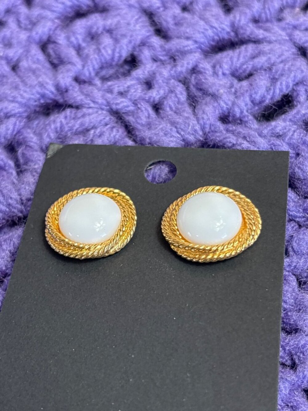 Vintage Napier Stud Earrings Goldtone Rope Texture White Cabochon 0.75 inch